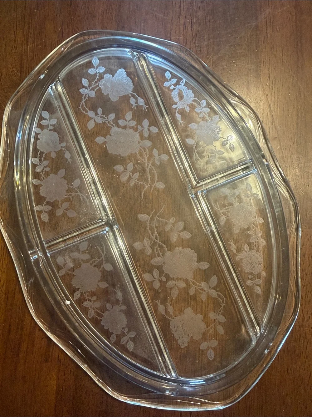 Clear Floral Etched Glass Divided Serving Platter - Clear (UBUB)
